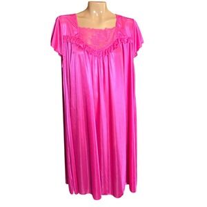 Lati Fashion Womens Nightgown Hot Pink XL Satin Lace Short Sleeve Ruffle Trim